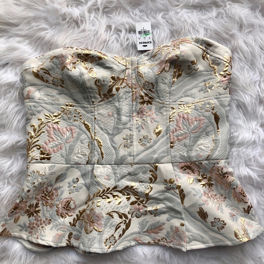 Express Gold Corset Strapless Peplum Top